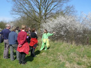 Woudnimf Hadewijch gidst een groep mensen